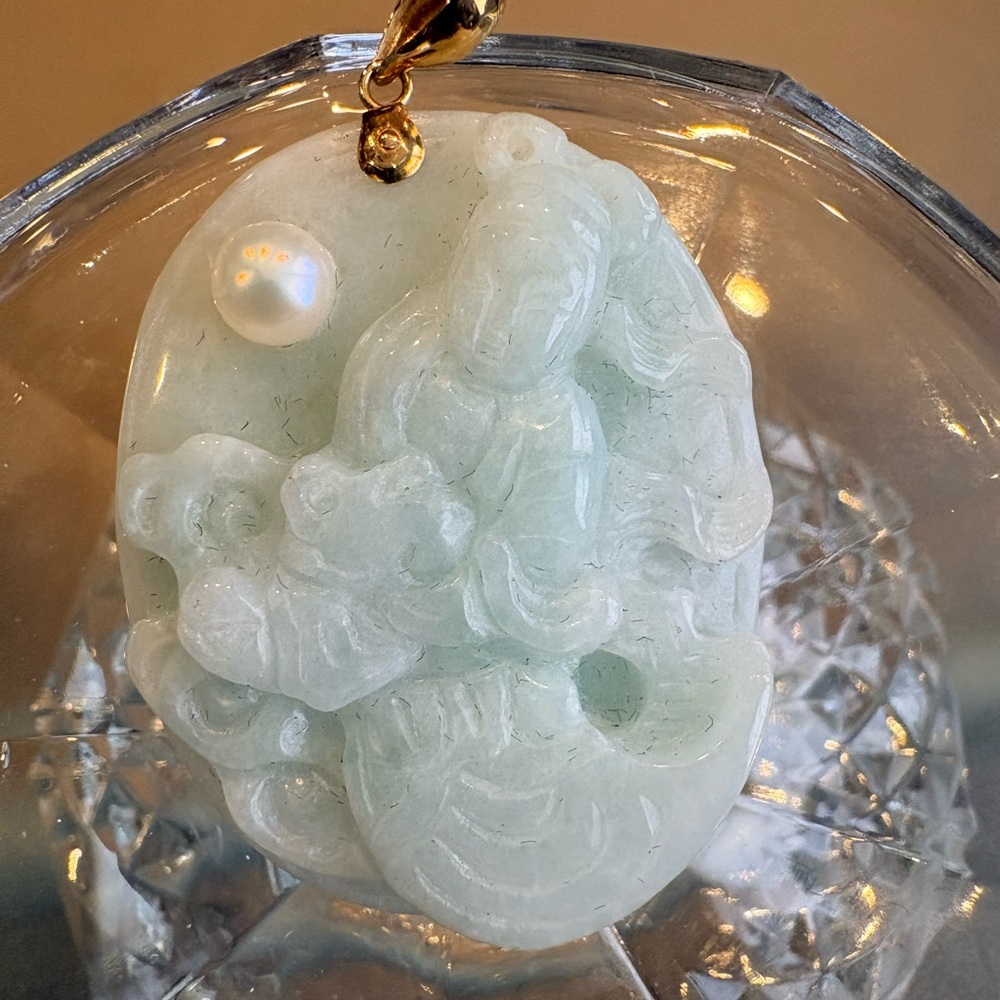 Rare Vintage  14Kt Jade Pendant with Pearl Accent